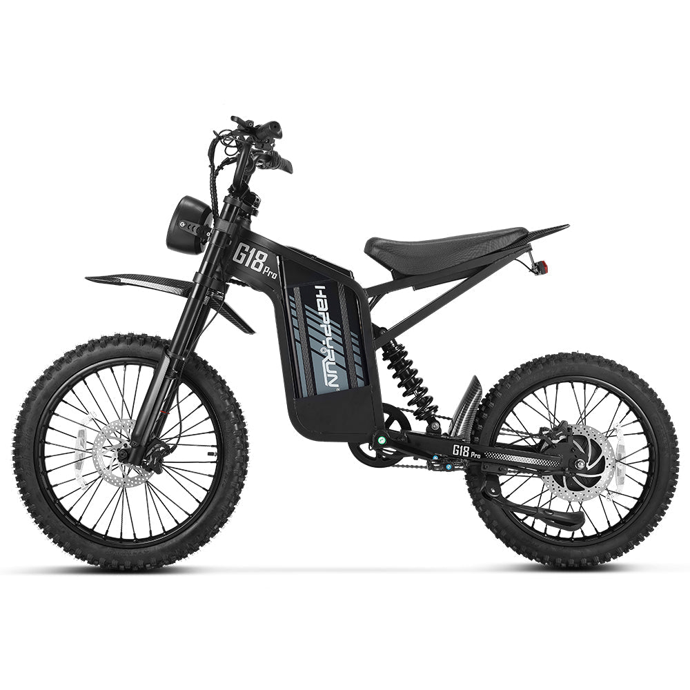 HappyRun G18 Pro Tank adult Tank-format off-road electric dirt bike: 4500W peak motor, 200 Nm torque, 38 mph top speed, 2100Wh battery, 19-inch front and 17-inch rear off-road tires (largest in HappyRun line), hydraulic disc brakes with 203mm rear rotor, carbon steel frame, 33-inch seat, 5'3" to 6'5" rider range, 350 lb max load