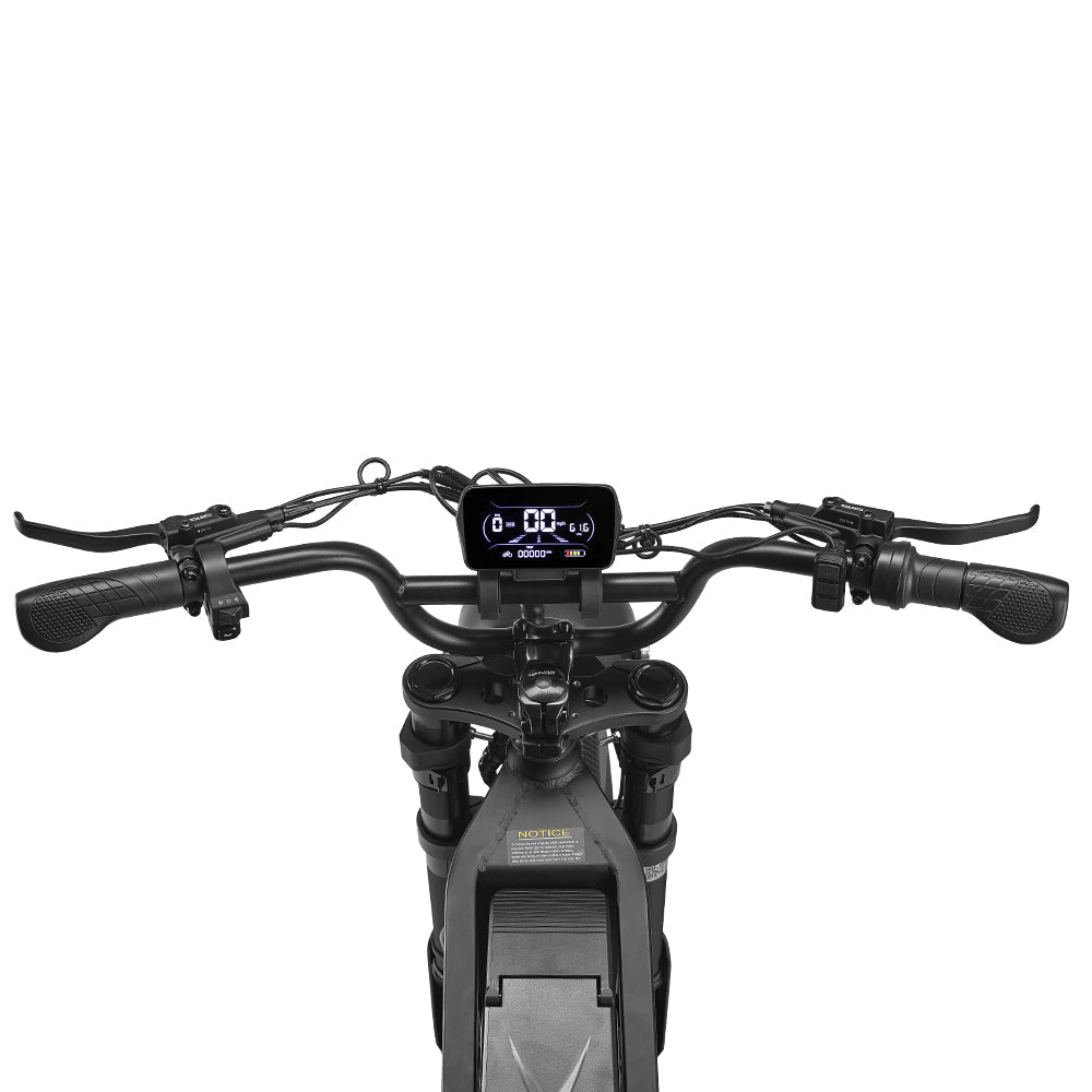 HappyRun G18 Pro Tank adult Tank-format off-road electric dirt bike: 4500W peak motor, 200 Nm torque, 38 mph top speed, 2100Wh battery, 19-inch front and 17-inch rear off-road tires (largest in HappyRun line), hydraulic disc brakes with 203mm rear rotor, carbon steel frame, 33-inch seat, 5'3" to 6'5" rider range, 350 lb max load