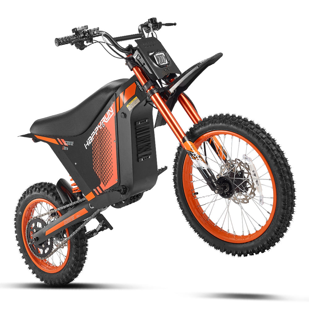HappyRun G300 SE Ultra full-size mid-drive off-road electric dirt bike: 60V 6000W peak mid-drive motor, 240 Nm torque, 44 mph top speed, 1860Wh battery, hydraulic disc brakes, Pro-Grade Full Suspension, 17-inch front wheel, 31.9-inch seat, 350 lb max load