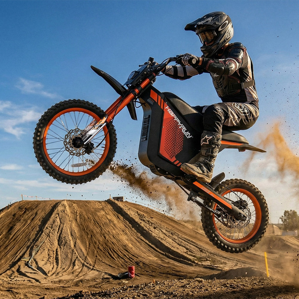 HappyRun G300 SE Ultra full-size mid-drive off-road electric dirt bike: 60V 6000W peak mid-drive motor, 240 Nm torque, 44 mph top speed, 1860Wh battery, hydraulic disc brakes, Pro-Grade Full Suspension, 17-inch front wheel, 31.9-inch seat, 350 lb max load