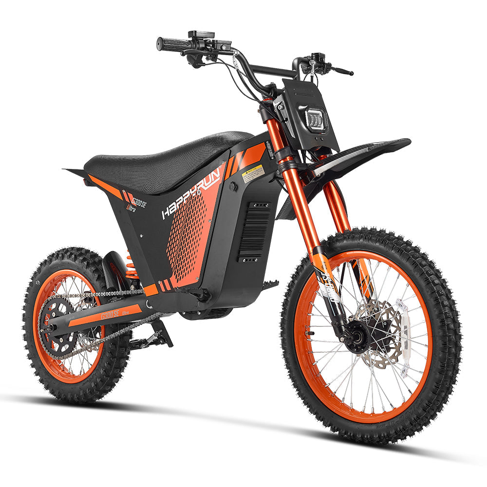 HappyRun G300 SE Ultra full-size mid-drive off-road electric dirt bike: 60V 6000W peak mid-drive motor, 240 Nm torque, 44 mph top speed, 1860Wh battery, hydraulic disc brakes, Pro-Grade Full Suspension, 17-inch front wheel, 31.9-inch seat, 350 lb max load