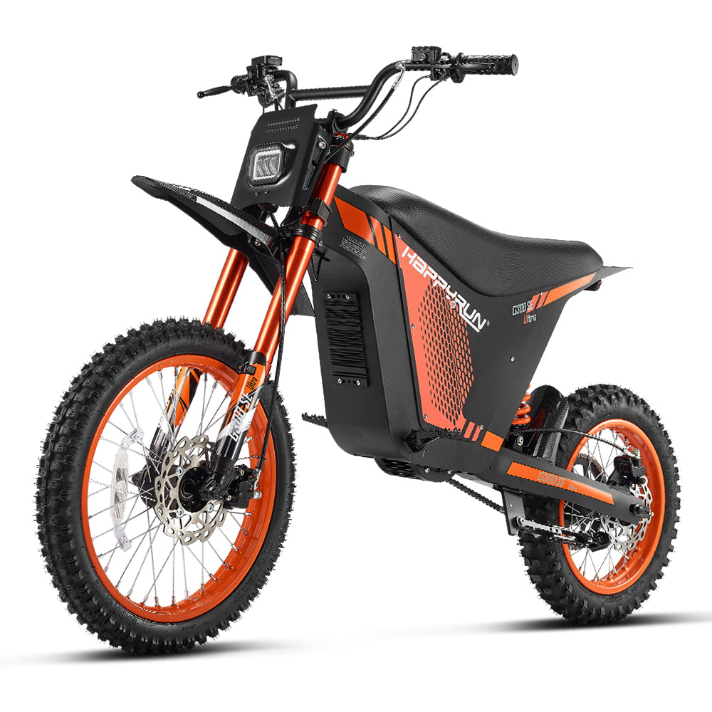 HappyRun G300 SE Ultra full-size mid-drive off-road electric dirt bike: 60V 6000W peak mid-drive motor, 240 Nm torque, 44 mph top speed, 1860Wh battery, hydraulic disc brakes, Pro-Grade Full Suspension, 17-inch front wheel, 31.9-inch seat, 350 lb max load