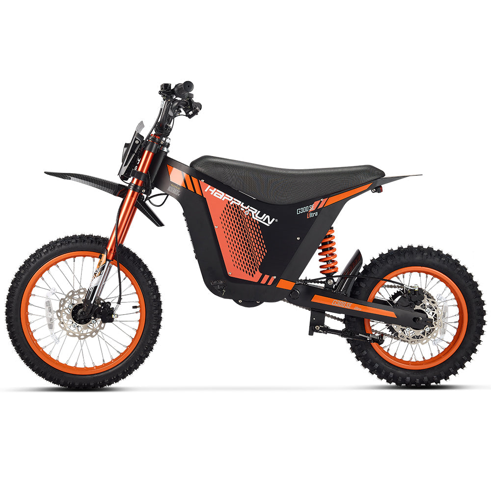 HappyRun G300 SE Ultra full-size mid-drive off-road electric dirt bike: 60V 6000W peak mid-drive motor, 240 Nm torque, 44 mph top speed, 1860Wh battery, hydraulic disc brakes, Pro-Grade Full Suspension, 17-inch front wheel, 31.9-inch seat, 350 lb max load
