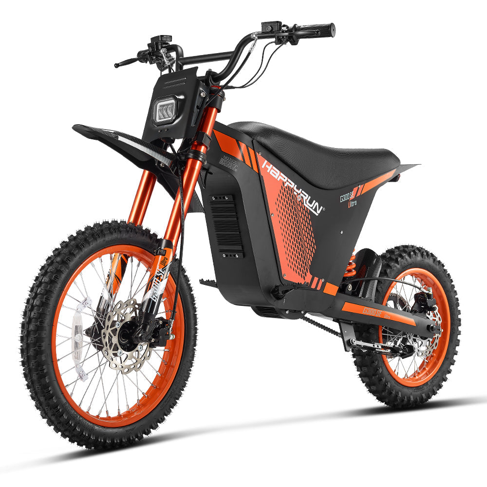 HappyRun G300 SE Ultra full-size mid-drive off-road electric dirt bike: 60V 6000W peak mid-drive motor, 240 Nm torque, 44 mph top speed, 1860Wh battery, hydraulic disc brakes, Pro-Grade Full Suspension, 17-inch front wheel, 31.9-inch seat, 350 lb max load