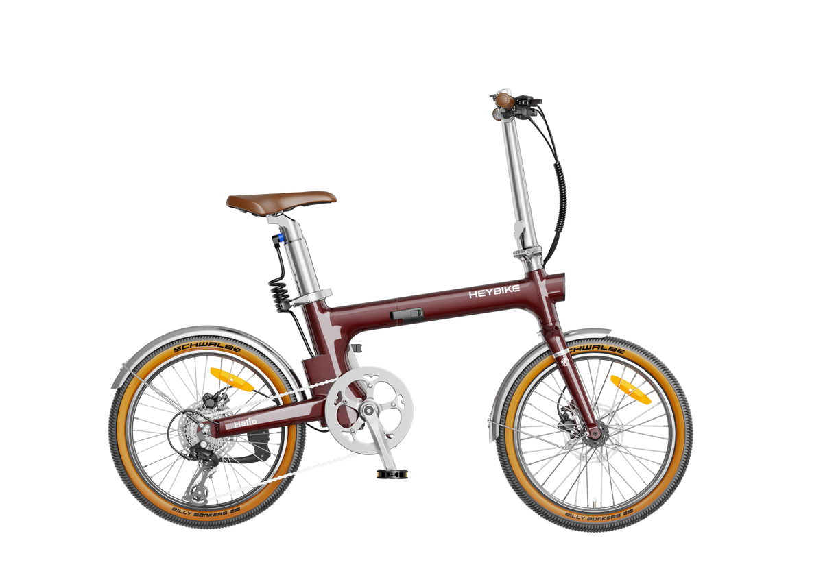 Heybike Helio F 40 lb lightweight folding commuter e-bike: 36V 250W (peak 500W) hub motor, torque sensor, 360Wh battery, 20 mph Class 2, X-Fold system, vintage frame, UL 2849