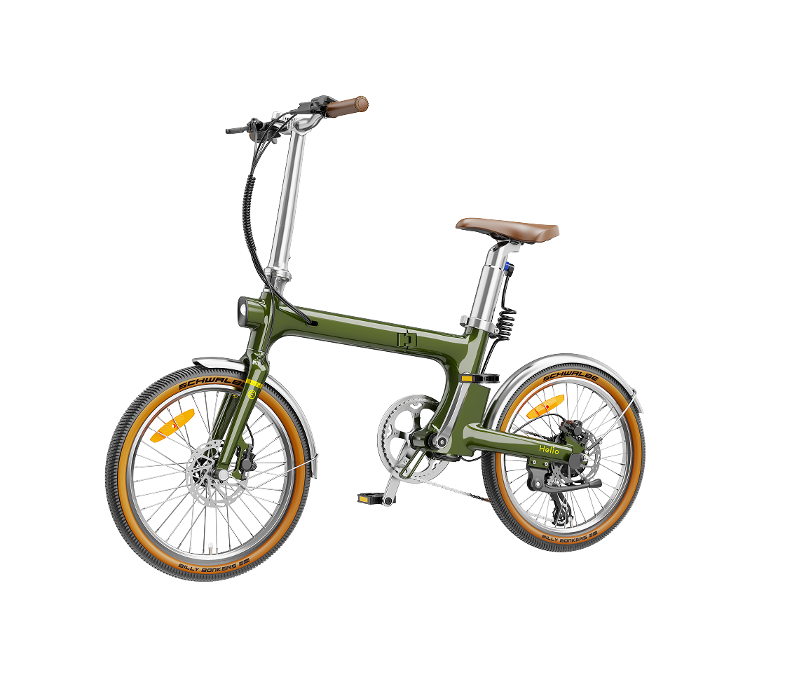 Heybike Helio F 40 lb lightweight folding commuter e-bike: 36V 250W (peak 500W) hub motor, torque sensor, 360Wh battery, 20 mph Class 2, X-Fold system, vintage frame, UL 2849