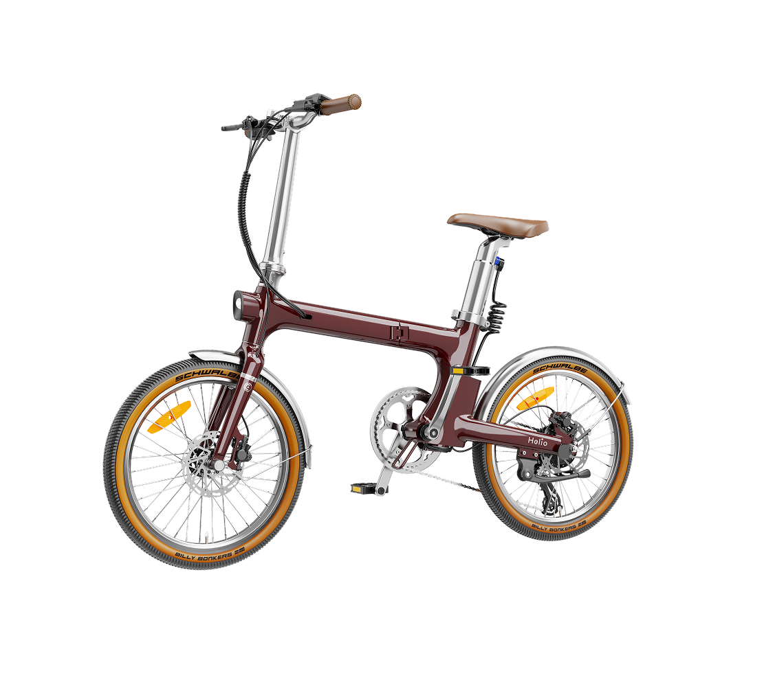 Heybike Helio F 40 lb lightweight folding commuter e-bike: 36V 250W (peak 500W) hub motor, torque sensor, 360Wh battery, 20 mph Class 2, X-Fold system, vintage frame, UL 2849