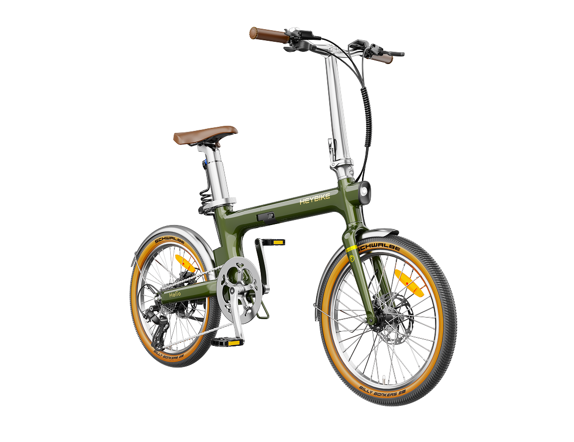Heybike Helio F 40 lb lightweight folding commuter e-bike: 36V 250W (peak 500W) hub motor, torque sensor, 360Wh battery, 20 mph Class 2, X-Fold system, vintage frame, UL 2849
