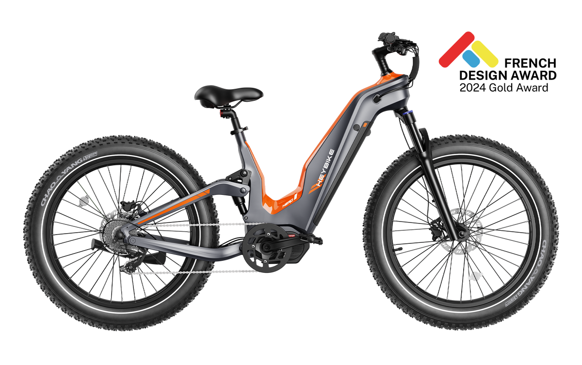 Heybike Hero carbon-fiber full-suspension fat-tire electric mountain bike with two motor configurations (1000W rear hub or 750W mid-drive with torque sensor), step-thru or step-over frame geometry, Shimano 9-speed gearing, hydraulic disc brakes, and UL 2849 certified electrical system