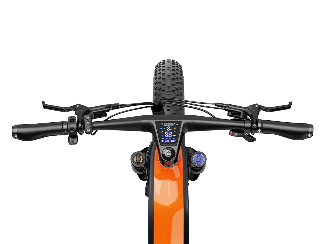 Side studio view of the Heybike Hero in Tangerine showing the integrated downtube battery, step-thru frame geometry, rear suspension, fat tires, and rear hub motor configuration