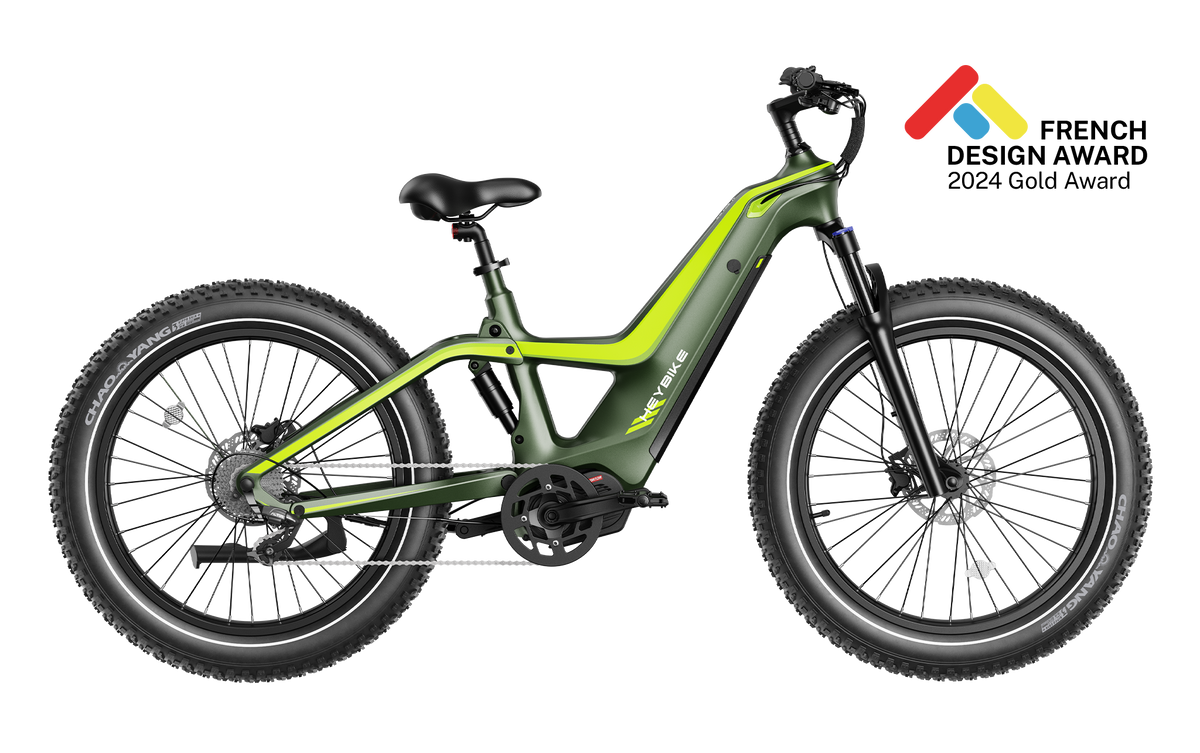 Heybike Hero carbon-fiber full-suspension fat-tire electric mountain bike with two motor configurations (1000W rear hub or 750W mid-drive with torque sensor), step-thru or step-over frame geometry, Shimano 9-speed gearing, hydraulic disc brakes, and UL 2849 certified electrical system