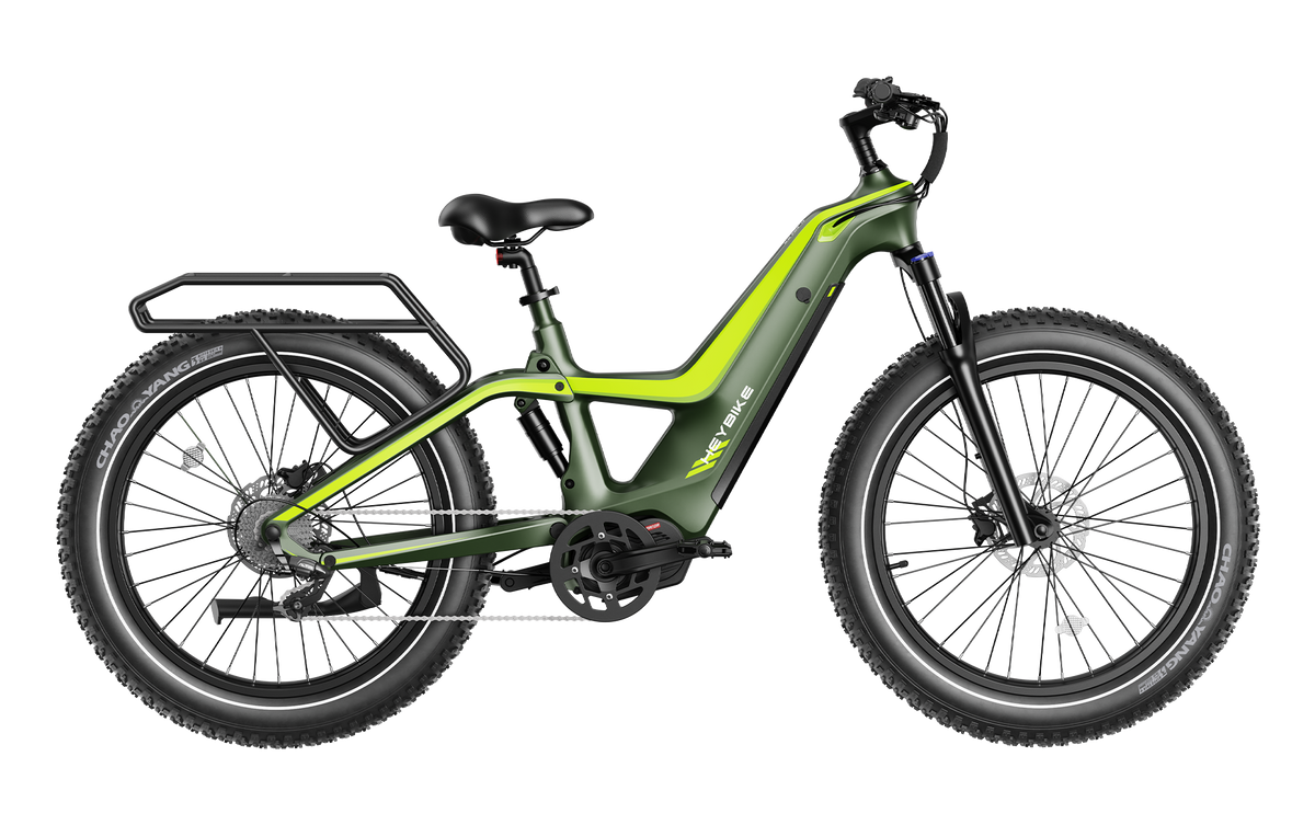 Heybike Hero carbon-fiber full-suspension fat-tire electric mountain bike with two motor configurations (1000W rear hub or 750W mid-drive with torque sensor), step-thru or step-over frame geometry, Shimano 9-speed gearing, hydraulic disc brakes, and UL 2849 certified electrical system