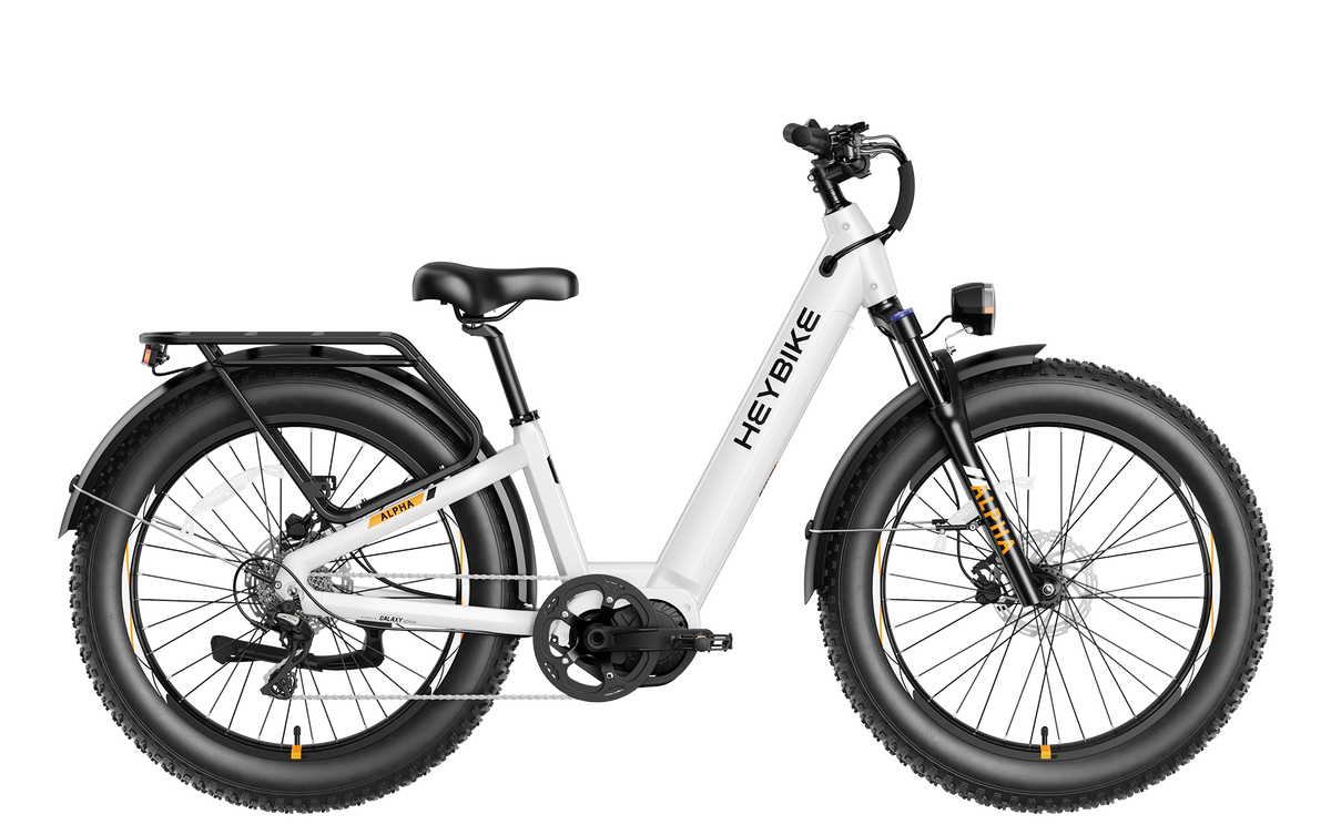 Heybike Alpha 500W mid-drive fat-tire all-terrain electric bike with a torque-plus-cadence sensor, Shimano Altus 8-speed drivetrain, hydraulic disc brakes, 26 by 4 inch fat tires, reinforced aluminum frame in step-through (Pearl White) or step-over (Galaxy Black) configuration, 680Wh battery, and UL 2849 certified electrical system