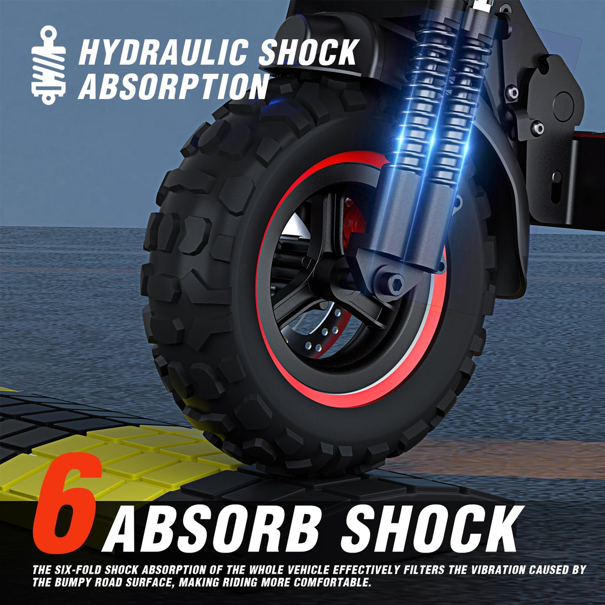 Freeboy J11 Plus front suspension and knobby tire graphic marked six shock absorption