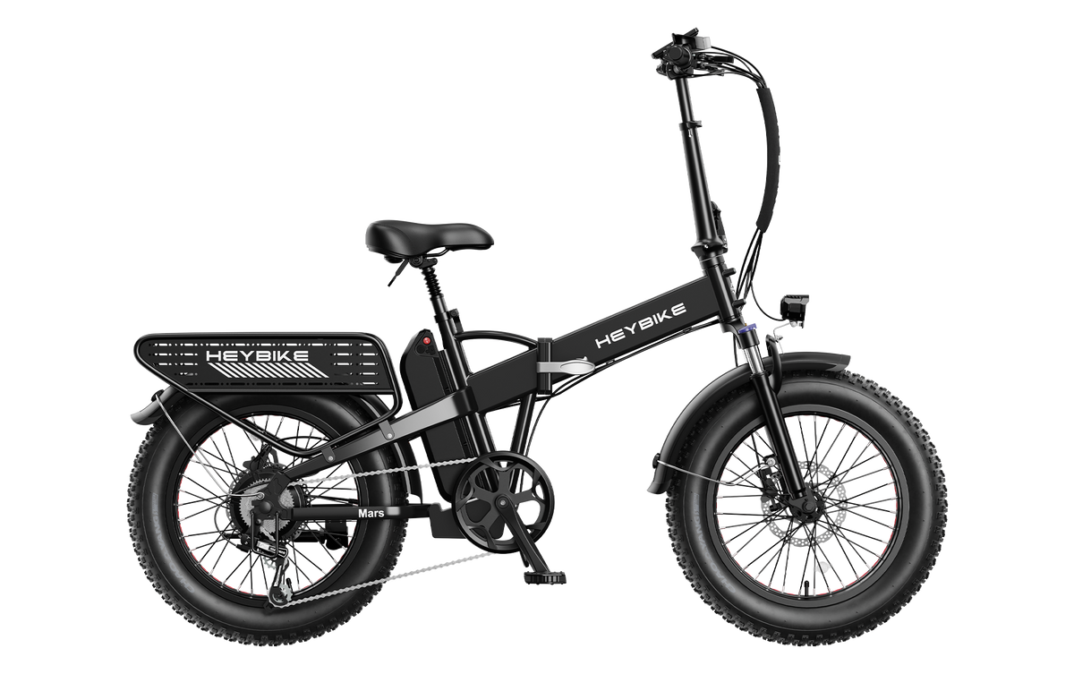 Heybike Mars 2.0 folding fat-tire commuter e-bike with 20 by 4 inch fat tires, 750W or 1000W rear hub motor, 600Wh removable battery, spring fork, 7-speed Shimano, rear rack, UL 2849 certified, four-color option matrix