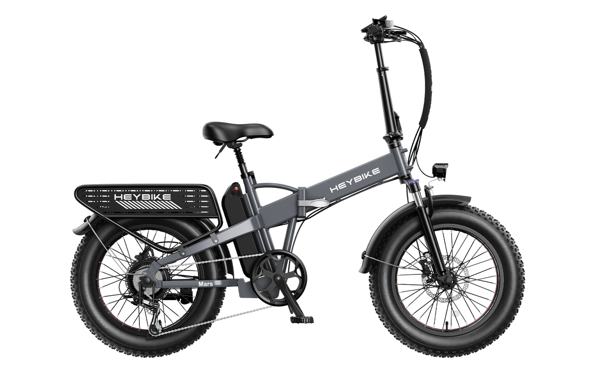 Heybike Mars 2.0 folding fat-tire commuter e-bike with 20 by 4 inch fat tires, 750W or 1000W rear hub motor, 600Wh removable battery, spring fork, 7-speed Shimano, rear rack, UL 2849 certified, four-color option matrix