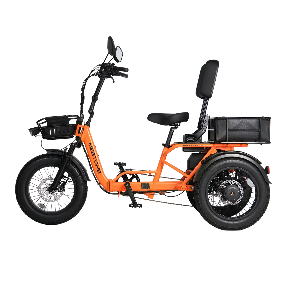 Meet One Breeze 2.0 folding full-suspension semi-recumbent electric trike: 750W rear motor, 18-inch fat tires, carbon steel frame, parking brake, reverse mode, UL 2849 certified by SGS, 450 lb max load
