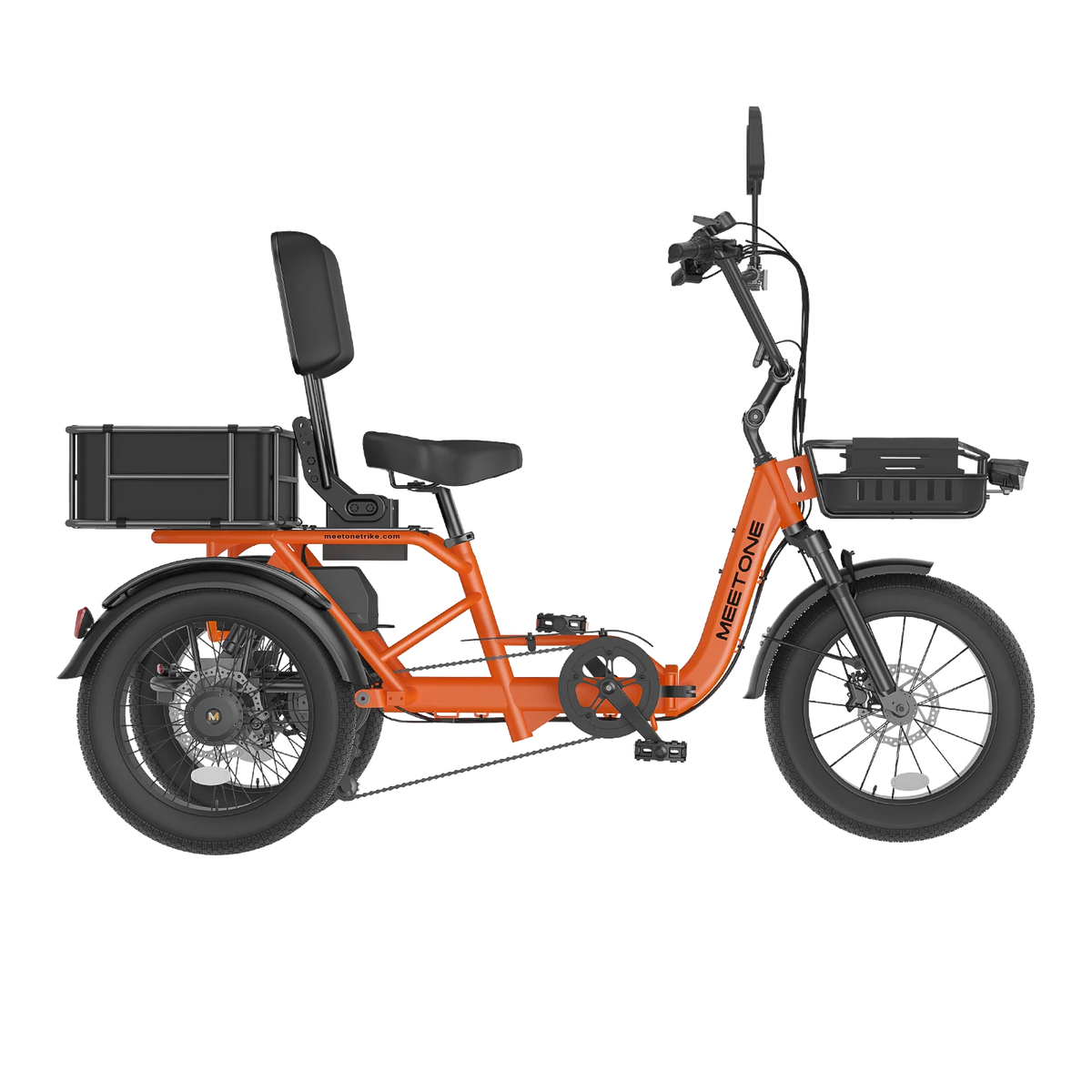 Orange Meet One Breeze Pro 2.0 side profile showing the low step-through frame, cargo baskets, backrest, fenders, and rear wheel layout.
