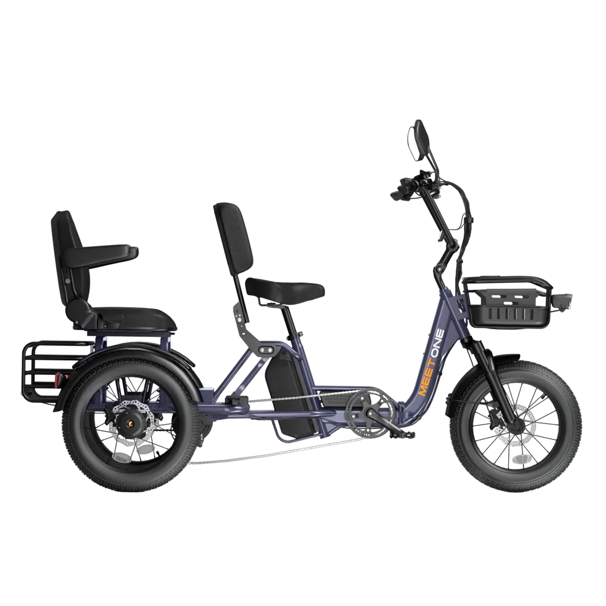 Rear three-quarter studio view of the Meet One Pair showing the rear passenger seat with armrests, the rear cargo basket platform behind the passenger seat, the rear hydraulic disc brakes, and the differential rear axle