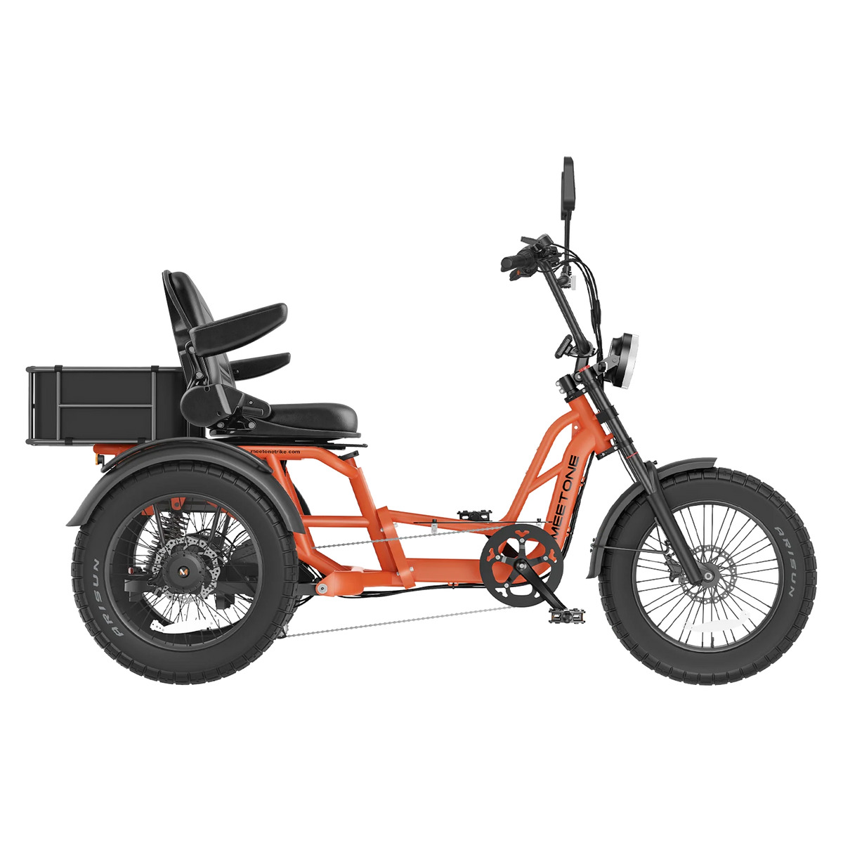 Meet One Tour Lite 2.0 full-suspension semi-recumbent electric trike with 750W rear motor, 48V 20Ah LG battery (with optional dual-battery upgrade), triple hydraulic disc brakes on all three wheels, 20 by 4.0 inch all-terrain fat tires, reinforced one-piece 6061 aluminum frame, large backrest seat, rear cargo basket, Yolin color LCD display, integrated lighting with brake-light integration, reverse mode, parking brake, 550 lb maximum load capacity, UL 2271 and UL 2849 certified by SGS