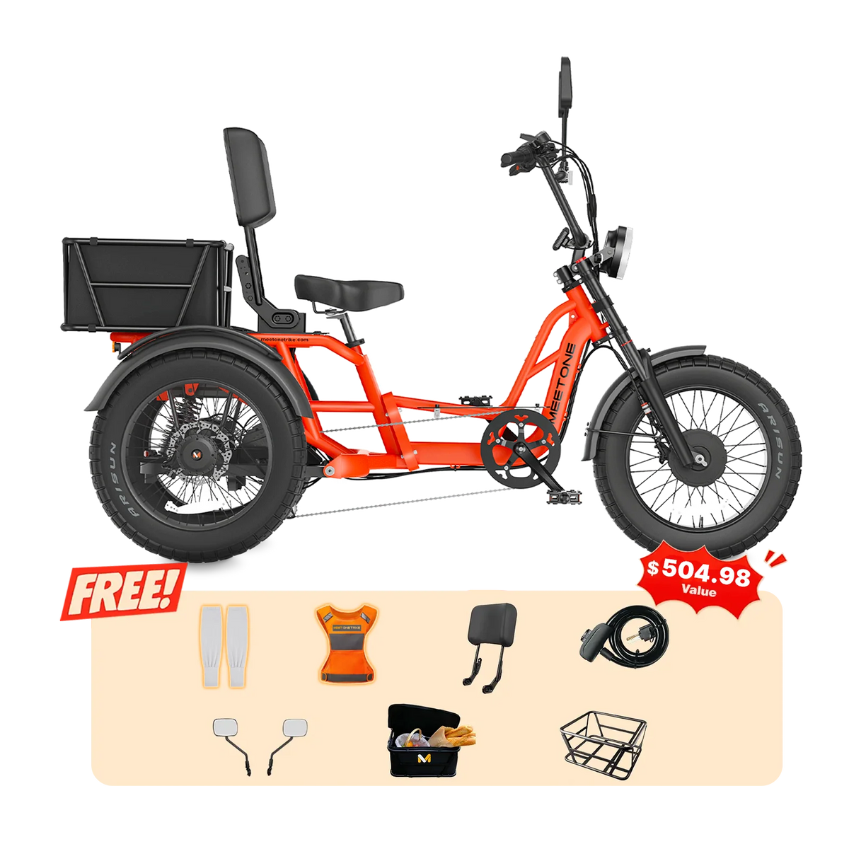 Orange Meet One Tour 2.0 semi-recumbent electric trike with brown saddle, rear cargo basket, dual-shoulder front fork, fat tires, and dual rear motors, shown above the included free-gear accessory bundle (mirrors, leg covers, safety vest, backrest, helmet horn, toolkit, basket lining) with a $504.98 value call-out
