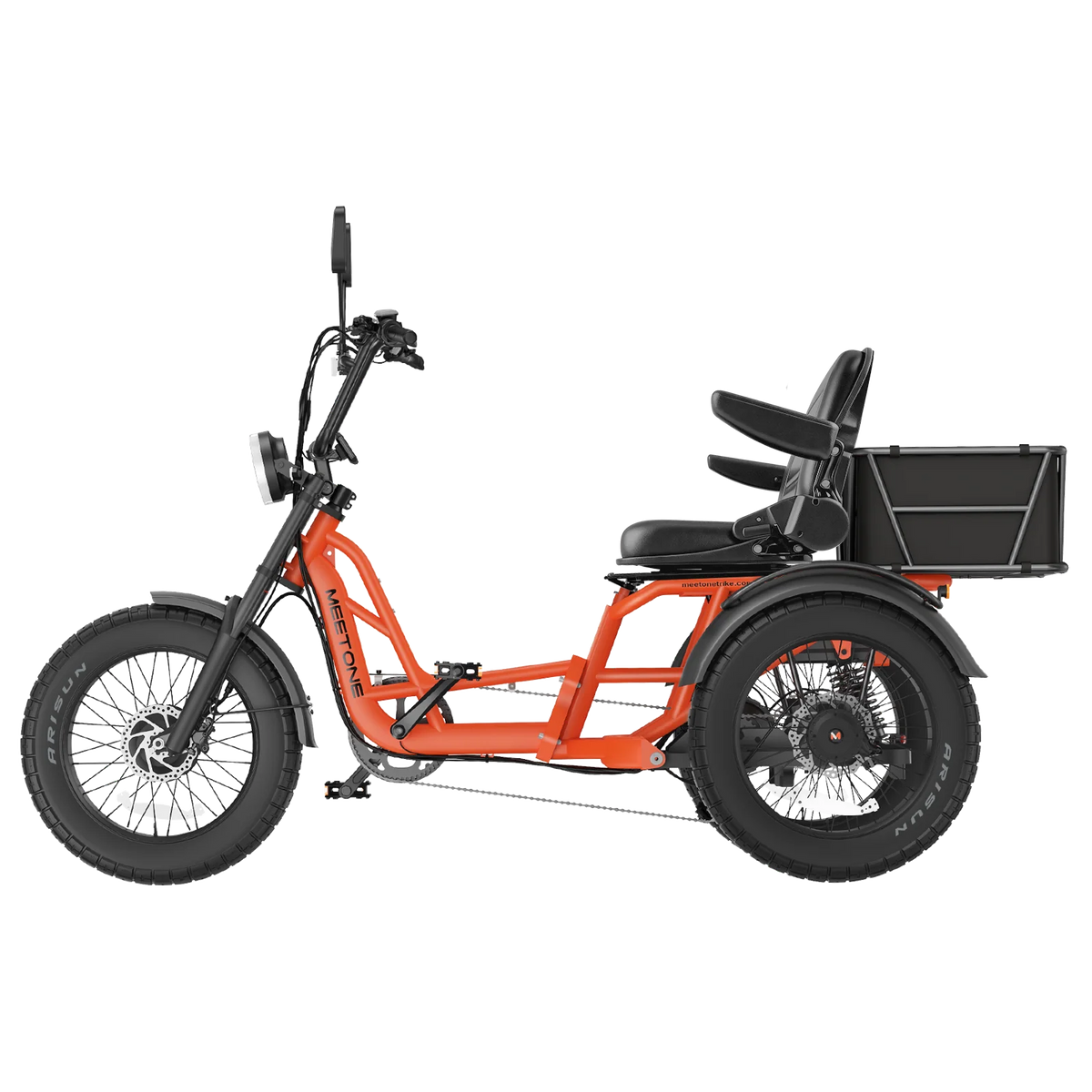 Side profile of the Orange Meet One Tour 2.0 with the Premium Seat upgrade installed, showing the wider seat with armrests and the deeper backrest paired with the rear-platform Standard Seat for a second rider or cargo