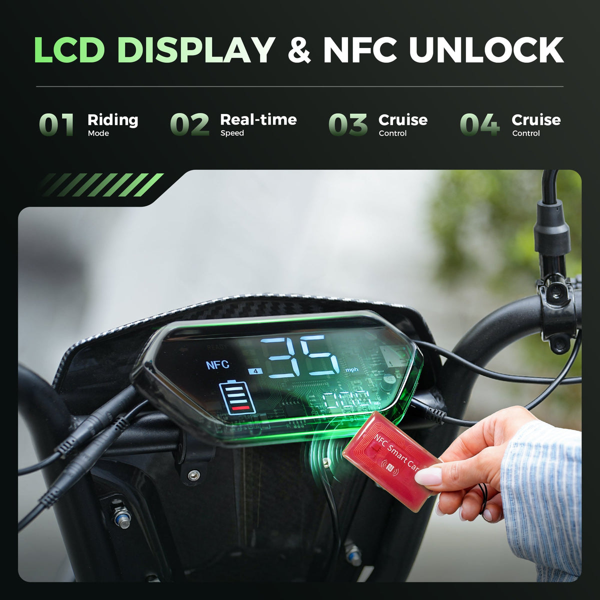 Close-up of the H7 LCD display while an NFC card is held over the unlock area