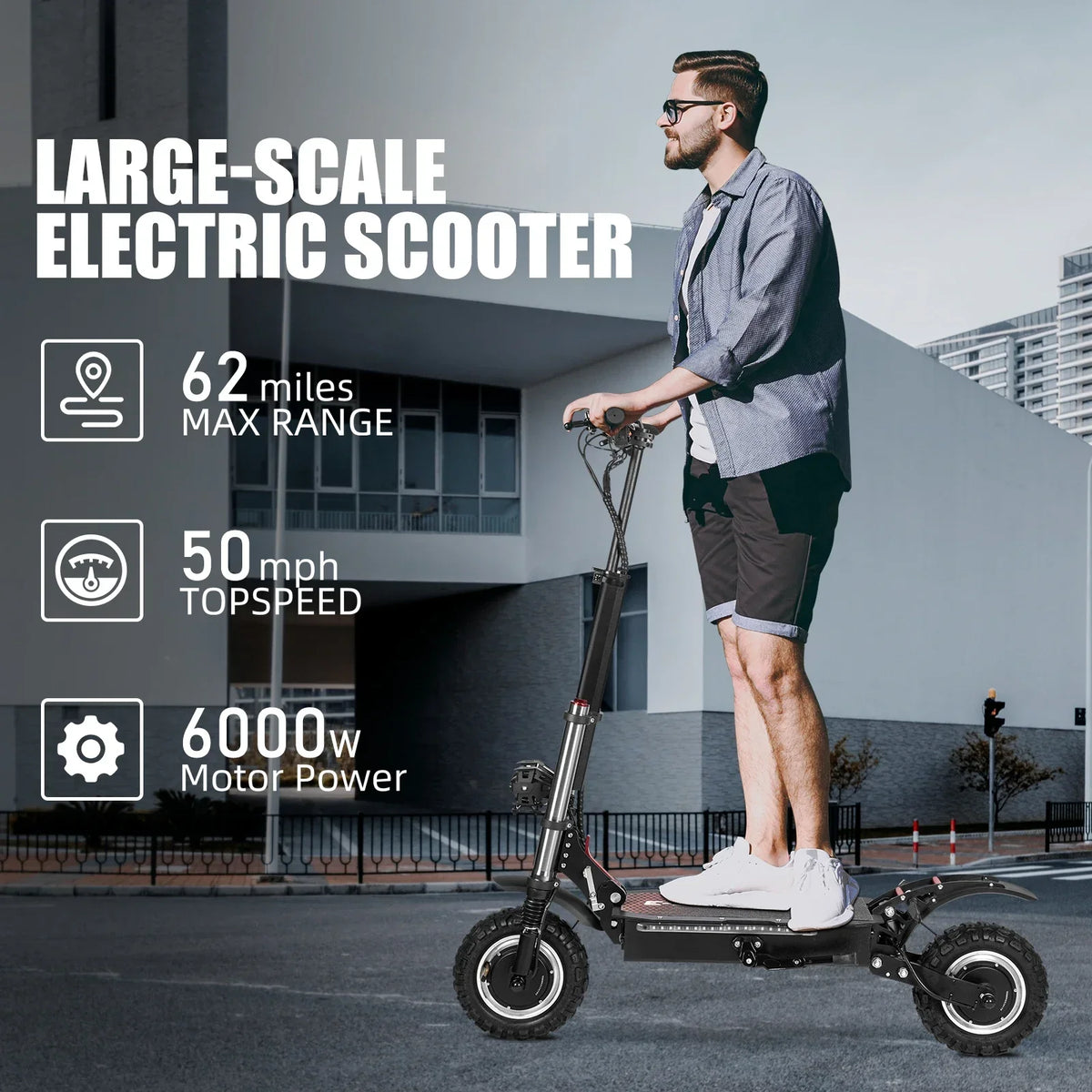 Rider standing on black Freeboy J30 MAX electric scooter in an urban outdoor setting