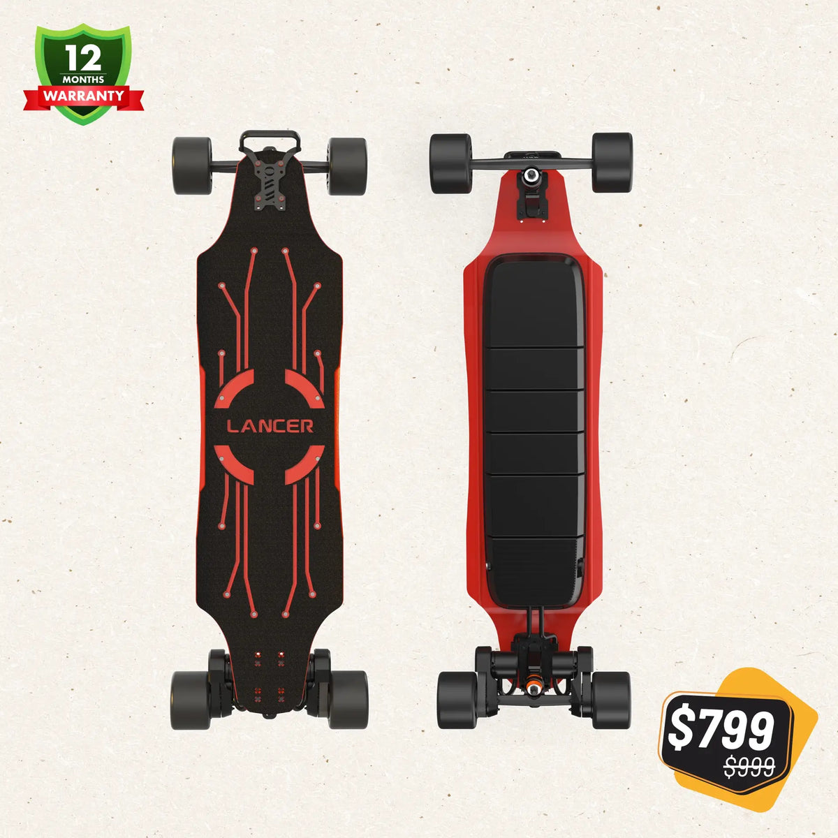 OMW Lancer electric skateboard red 105mm setup