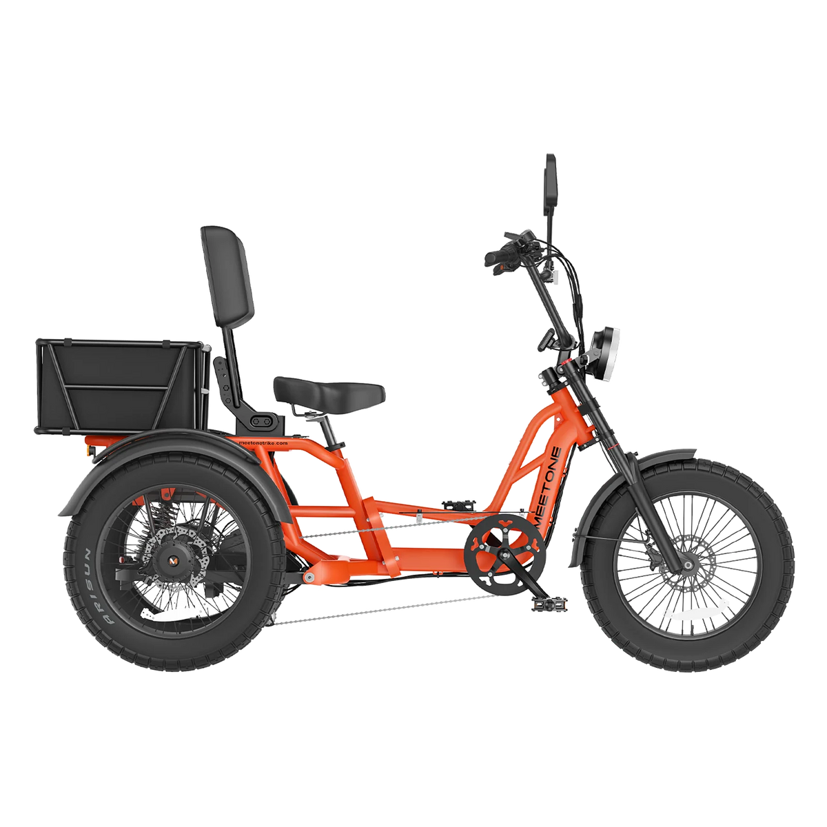 Meet One Tour Lite 2.0 full-suspension semi-recumbent electric trike with 750W rear motor, 48V 20Ah LG battery (with optional dual-battery upgrade), triple hydraulic disc brakes on all three wheels, 20 by 4.0 inch all-terrain fat tires, reinforced one-piece 6061 aluminum frame, large backrest seat, rear cargo basket, Yolin color LCD display, integrated lighting with brake-light integration, reverse mode, parking brake, 550 lb maximum load capacity, UL 2271 and UL 2849 certified by SGS