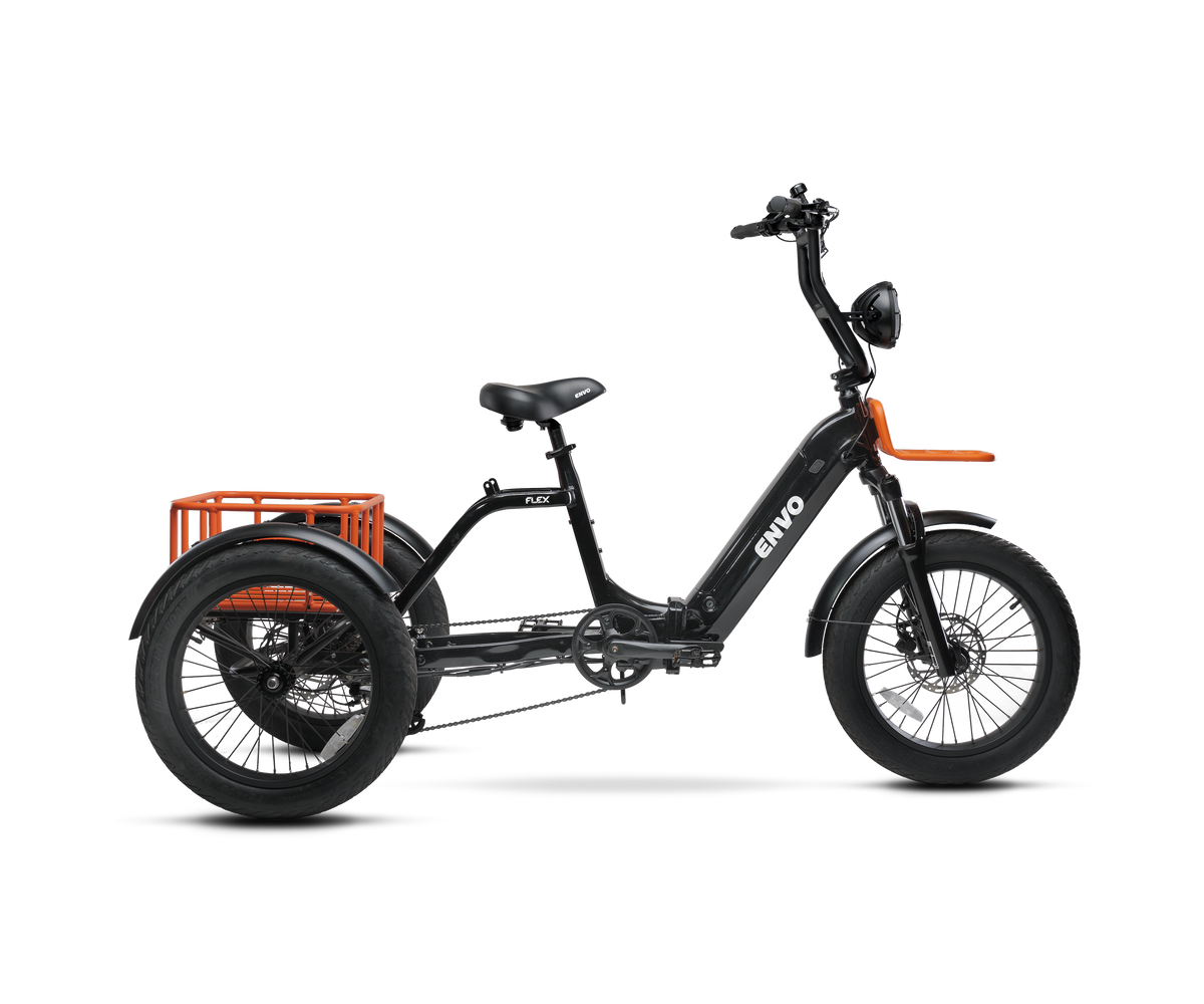 Black ENVO Flex Trike folding fat-tire electric adult trike in a studio product view.