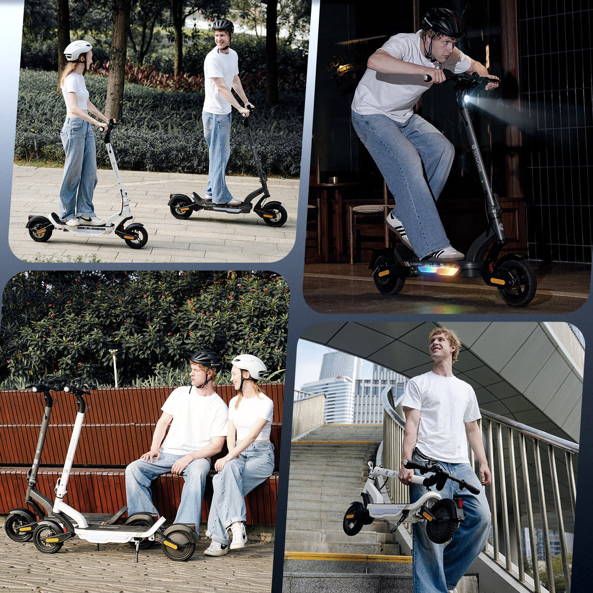 S Nova lifestyle four-panel image with two riders posing with the scooter, a rider crouched at night, a couple seated beside the parked scooter, and a rider carrying the folded scooter up stairs