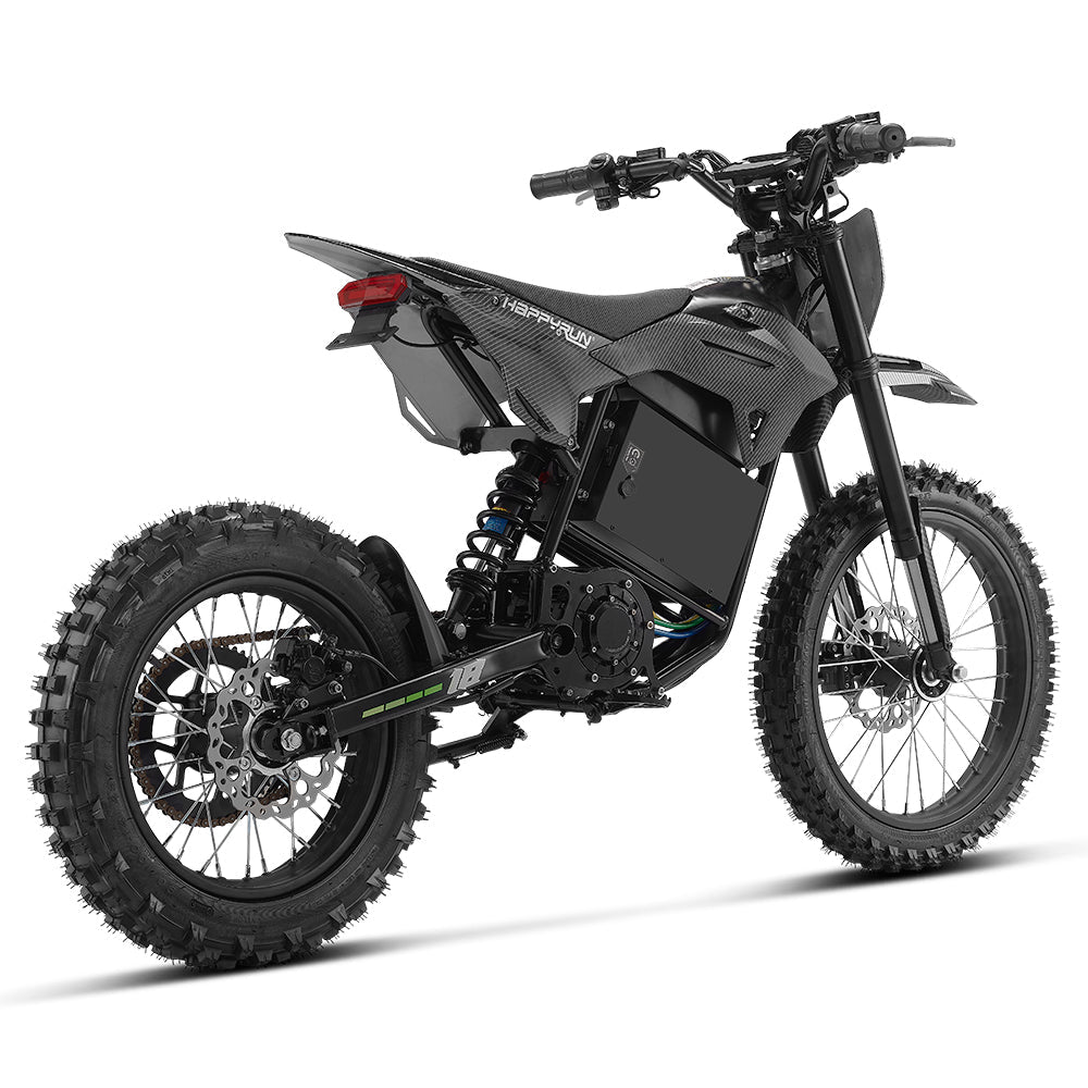 HappyRun F18 2.0 mid-drive off-road electric dirt bike: 60V 6000W peak mid-drive motor, 245 Nm torque, 46 mph top speed, 1800Wh battery, hydraulic disc brakes, full suspension, 26.5-inch seat, 2.0-gen features (reverse, NFC unlock, magnetic safety)