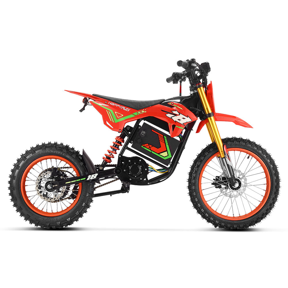 HappyRun F18 2.0 mid-drive off-road electric dirt bike: 60V 6000W peak mid-drive motor, 245 Nm torque, 46 mph top speed, 1800Wh battery, hydraulic disc brakes, full suspension, 26.5-inch seat, 2.0-gen features (reverse, NFC unlock, magnetic safety)