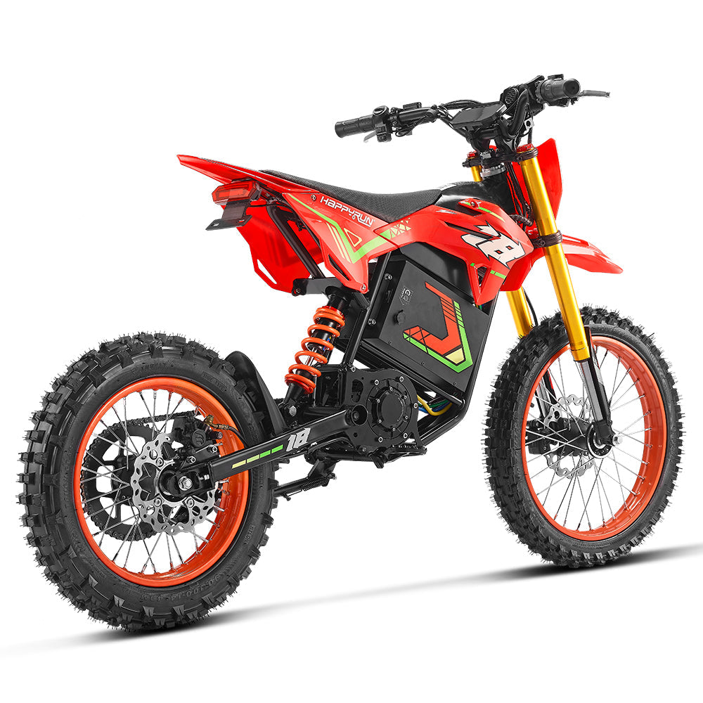 HappyRun F18 2.0 mid-drive off-road electric dirt bike: 60V 6000W peak mid-drive motor, 245 Nm torque, 46 mph top speed, 1800Wh battery, hydraulic disc brakes, full suspension, 26.5-inch seat, 2.0-gen features (reverse, NFC unlock, magnetic safety)