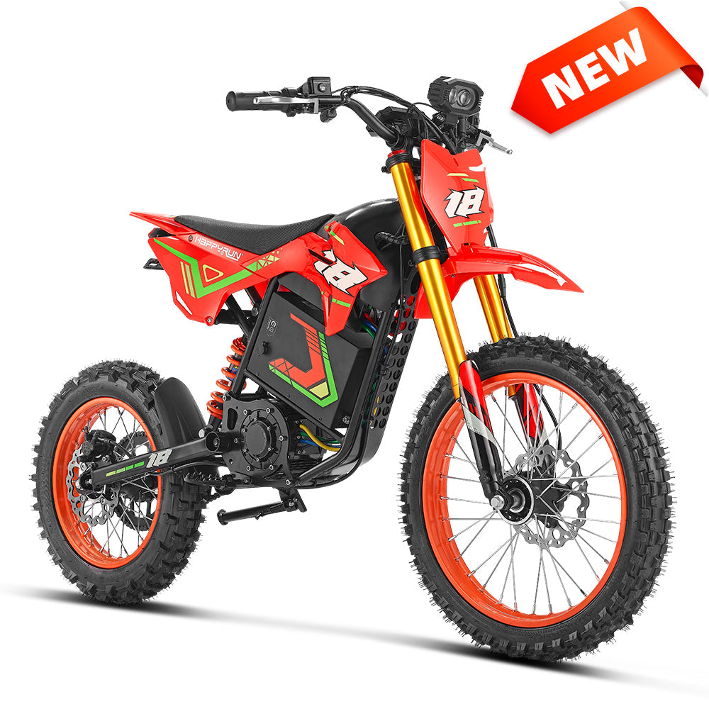 HappyRun F18 2.0 mid-drive off-road electric dirt bike: 60V 6000W peak mid-drive motor, 245 Nm torque, 46 mph top speed, 1800Wh battery, hydraulic disc brakes, full suspension, 26.5-inch seat, 2.0-gen features (reverse, NFC unlock, magnetic safety)
