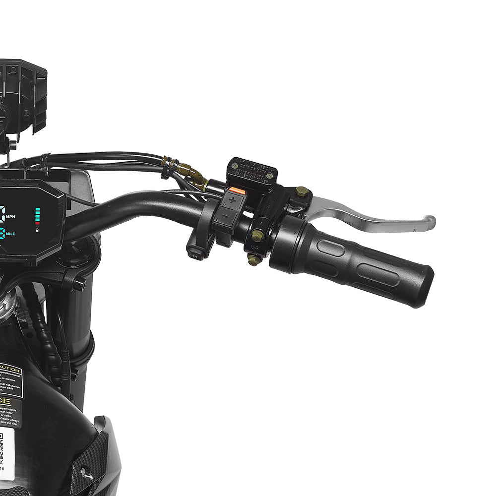 HappyRun F18 2.0 mid-drive off-road electric dirt bike: 60V 6000W peak mid-drive motor, 245 Nm torque, 46 mph top speed, 1800Wh battery, hydraulic disc brakes, full suspension, 26.5-inch seat, 2.0-gen features (reverse, NFC unlock, magnetic safety)
