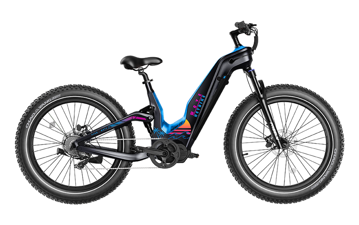 Heybike Hero carbon-fiber full-suspension fat-tire electric mountain bike with two motor configurations (1000W rear hub or 750W mid-drive with torque sensor), step-thru or step-over frame geometry, Shimano 9-speed gearing, hydraulic disc brakes, and UL 2849 certified electrical system