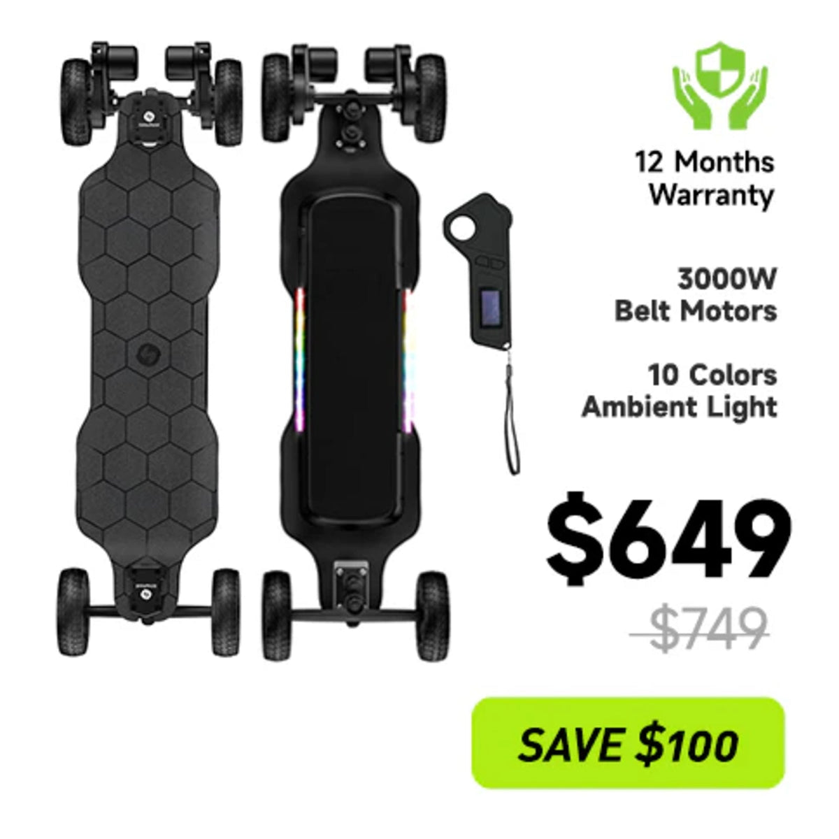 isinwheel V10 promotional sale graphic with the skateboard photographed above price call-outs