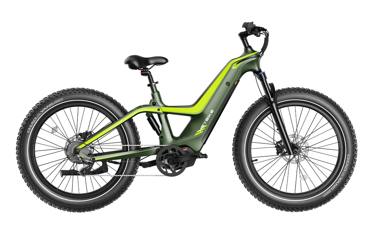 Heybike Hero carbon-fiber full-suspension fat-tire electric mountain bike with two motor configurations (1000W rear hub or 750W mid-drive with torque sensor), step-thru or step-over frame geometry, Shimano 9-speed gearing, hydraulic disc brakes, and UL 2849 certified electrical system