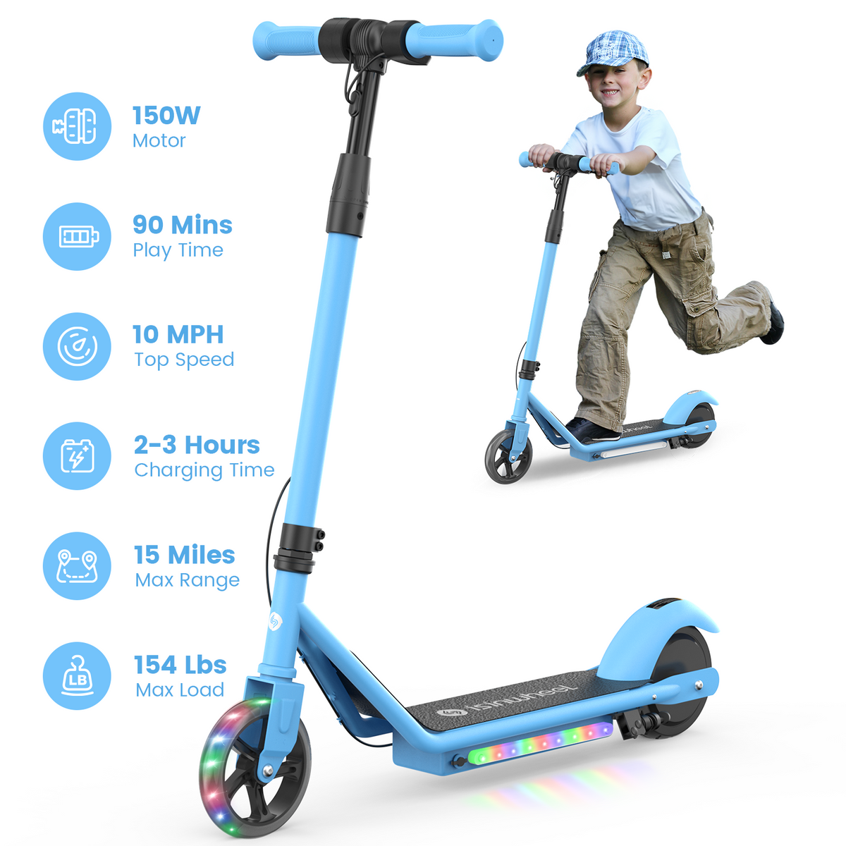 Blue isinwheel S2 kids scooter with rider and published specifications