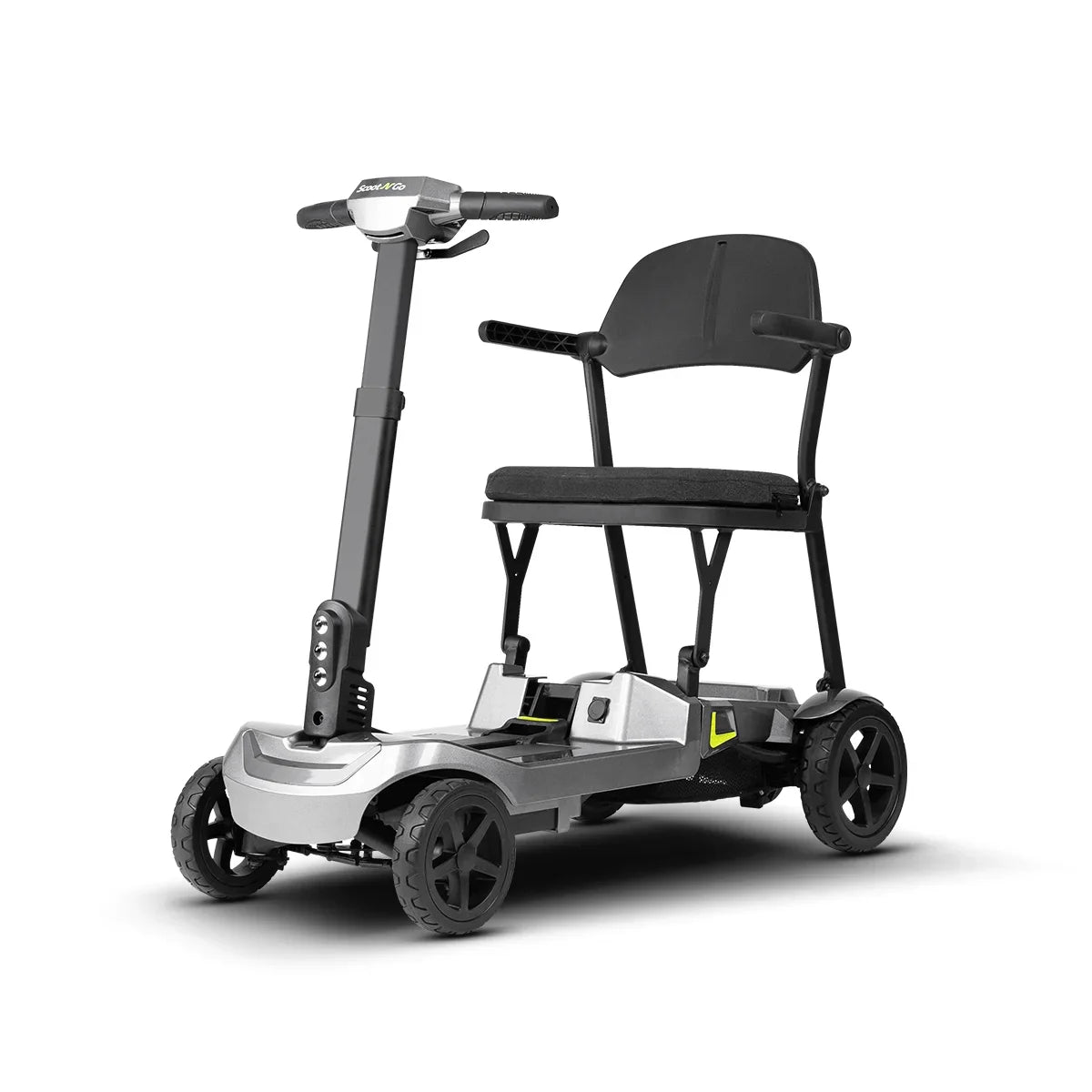 ScootNGo Lite silver-grey mobility scooter, rear three-quarter view with armrests