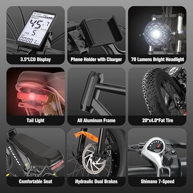 Ridstar Q20 1500W Fat-Tire Electric Bike cockpit and display