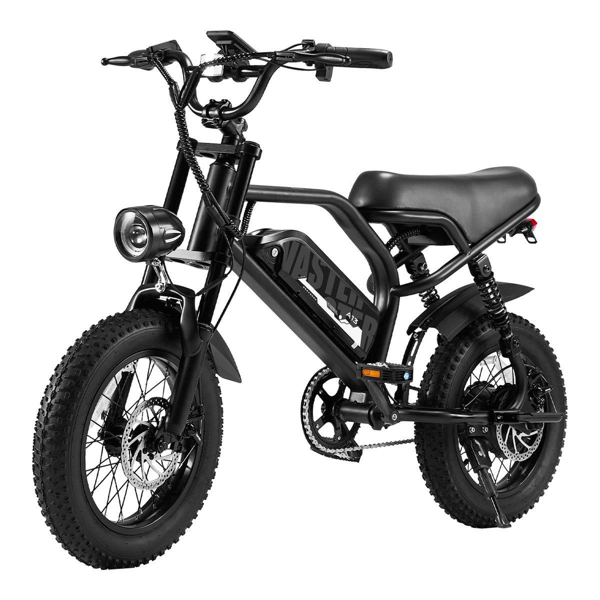 AVDL A13 black compact fat-tire electric bike front three-quarter studio view