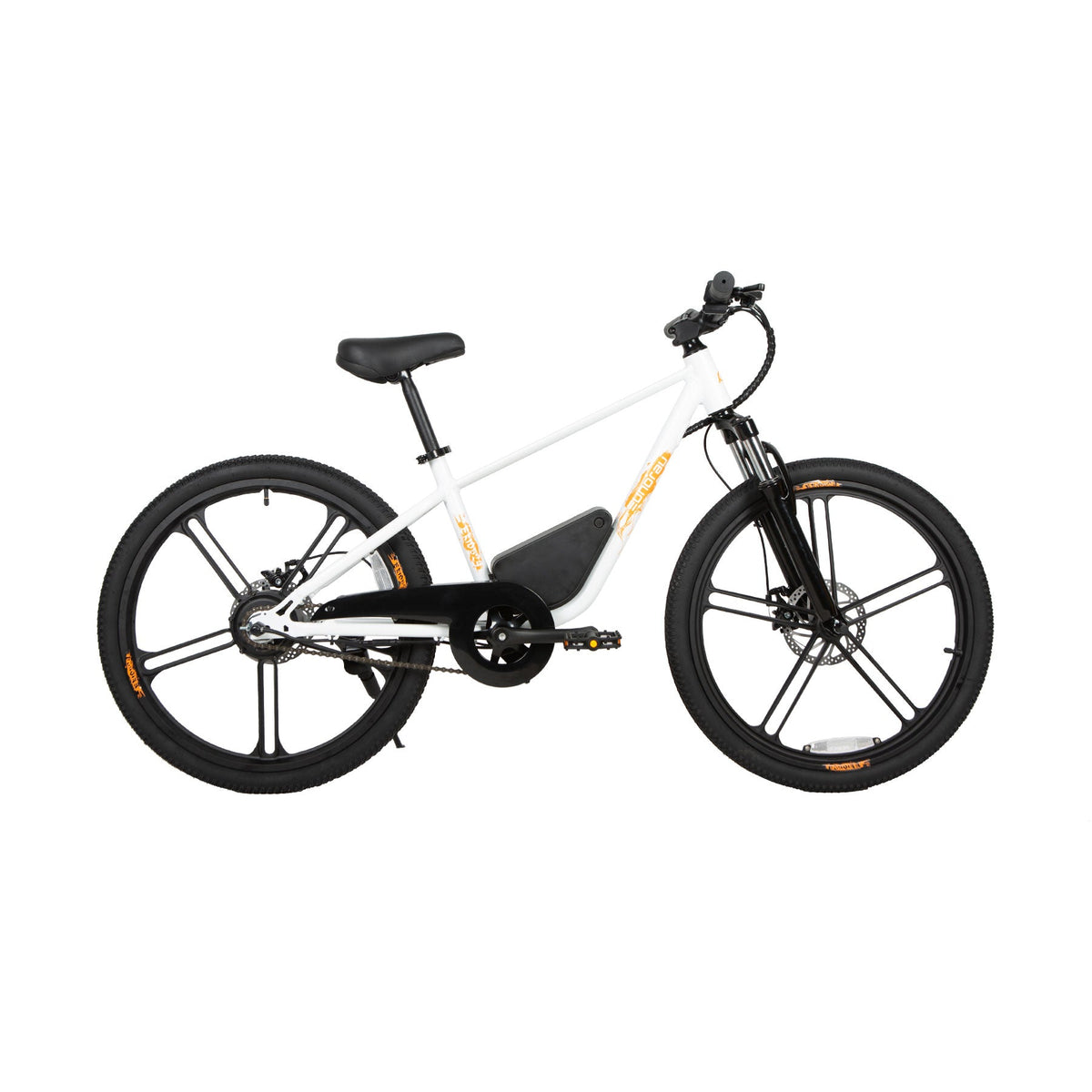 Cloud White EUNORAU EKIDS24 drive-side profile with pedals and chain guard