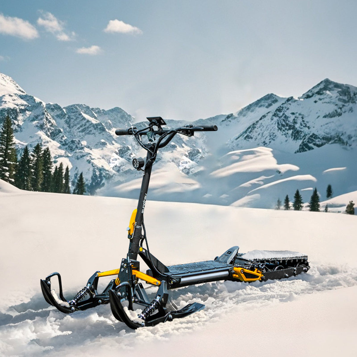EUNORAU ICEX 1.0 electric snow scooter parked in a mountain snowfield