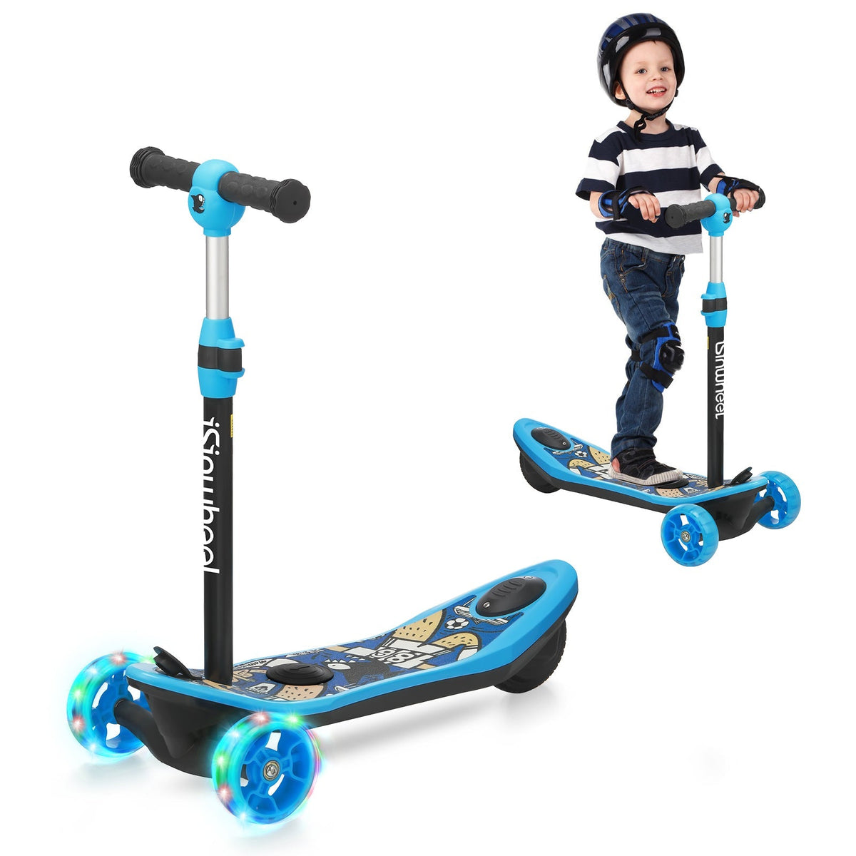 Blue isinwheel Mini Long Range 3-wheel kids electric scooter with multi-color LED flashing wheels and a cartoon graphic on the deck, in front three-quarter studio view