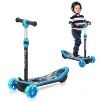 Blue isinwheel Mini Long Range 3-wheel kids electric scooter with multi-color LED flashing wheels and a cartoon graphic on the deck, in front three-quarter studio view