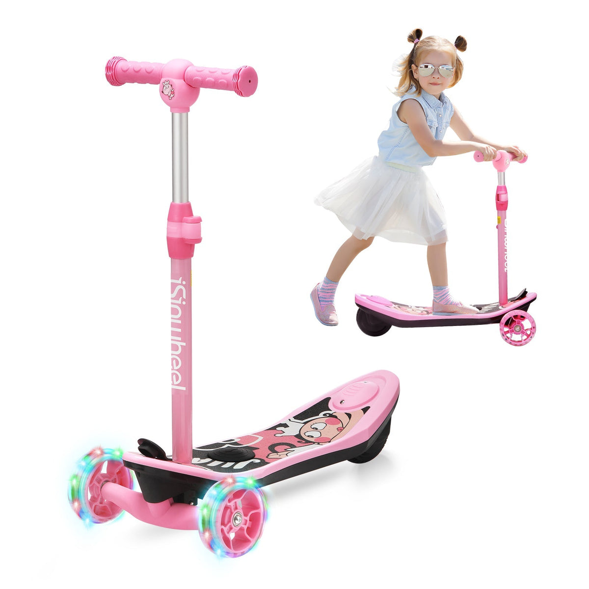 Pink isinwheel Mini Long Range 3-wheel kids electric scooter with multi-color LED flashing wheels and a cartoon graphic on the deck, beside a young girl riding the same scooter outdoors