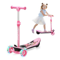 Pink isinwheel Mini Long Range 3-wheel kids electric scooter with multi-color LED flashing wheels and a cartoon graphic on the deck, beside a young girl riding the same scooter outdoors